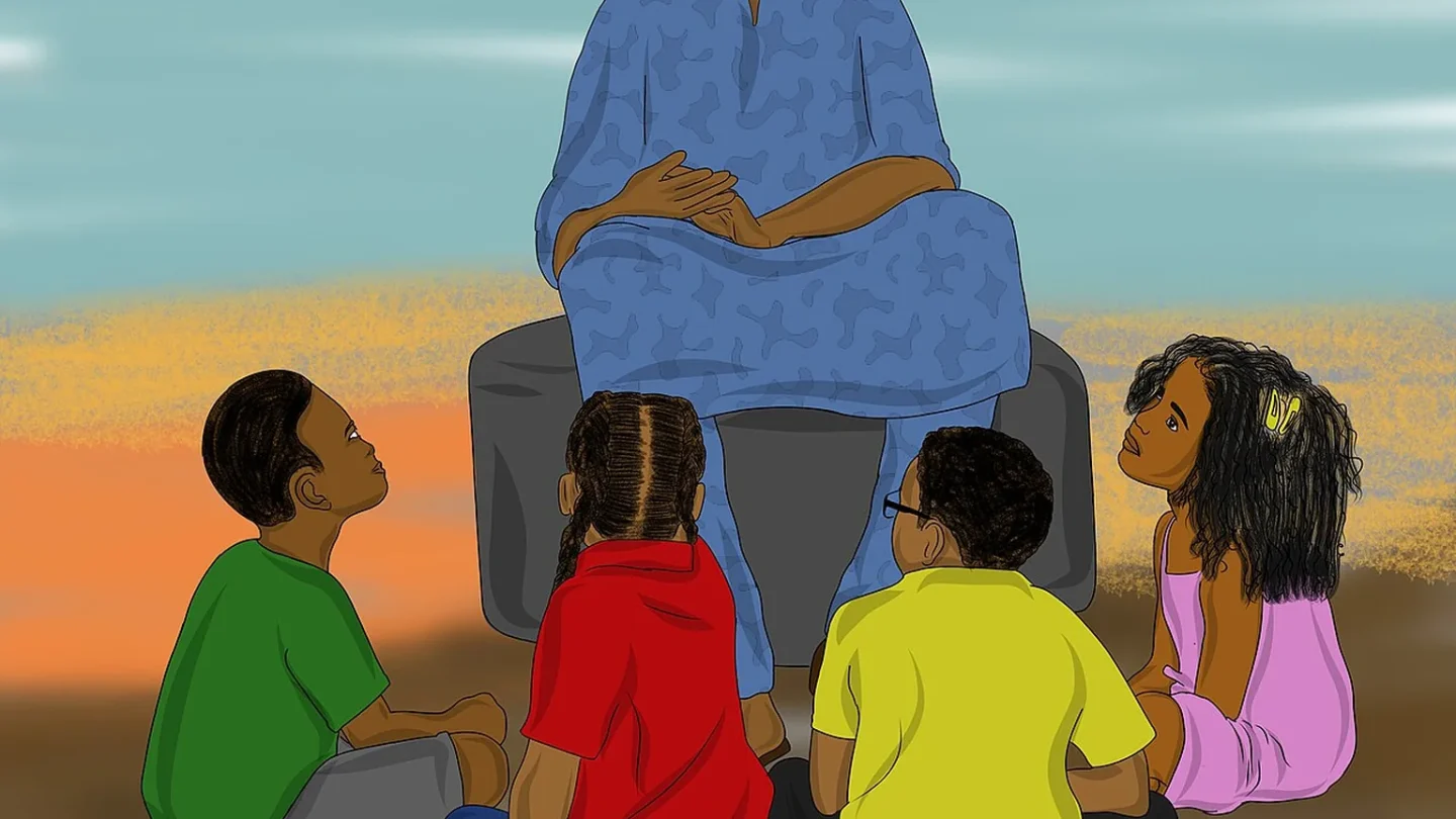 Un grupo lee el mismo cuento africano en móvil y en cuadernillos impresos.