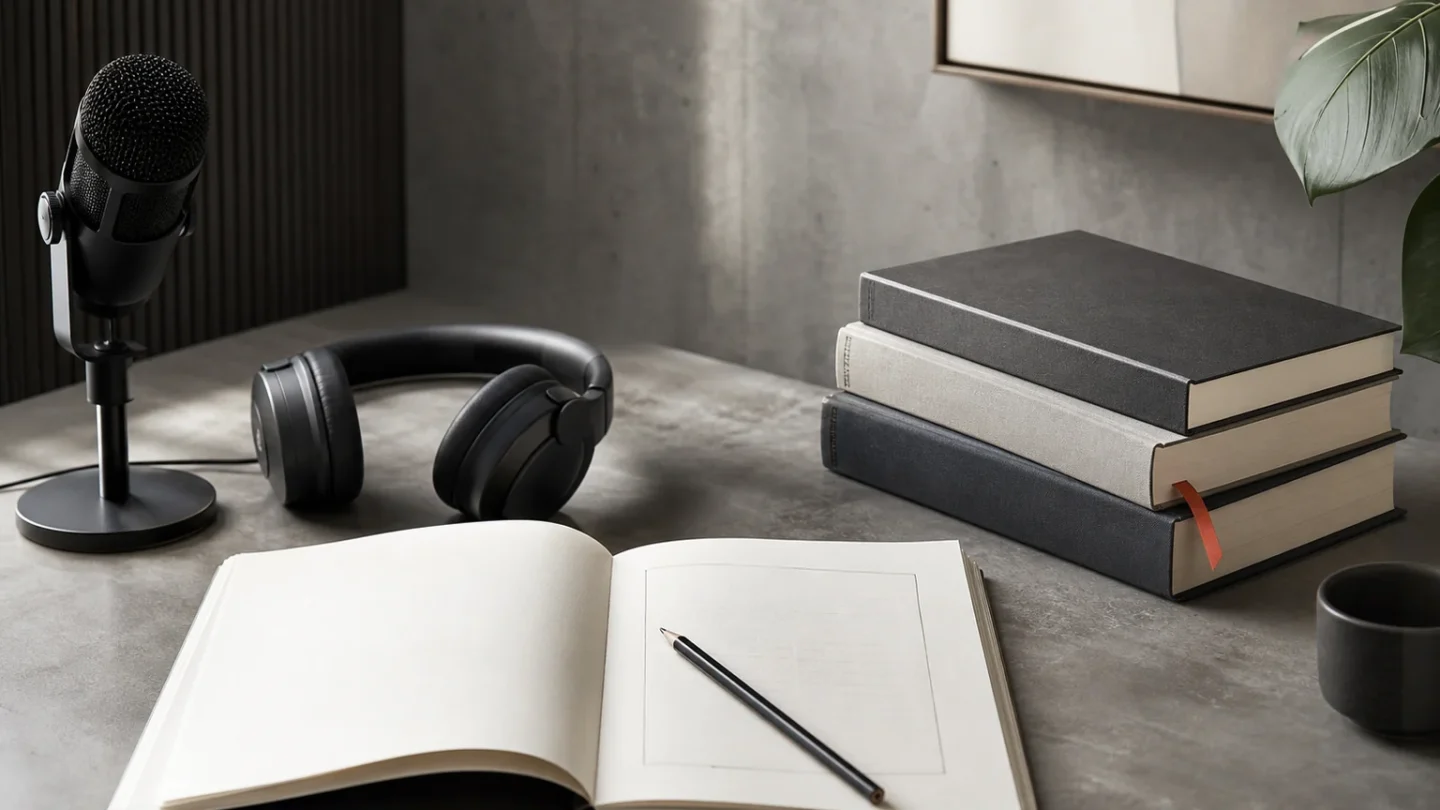 Auriculares junto a notas que conectan un pódcast con varios libros.