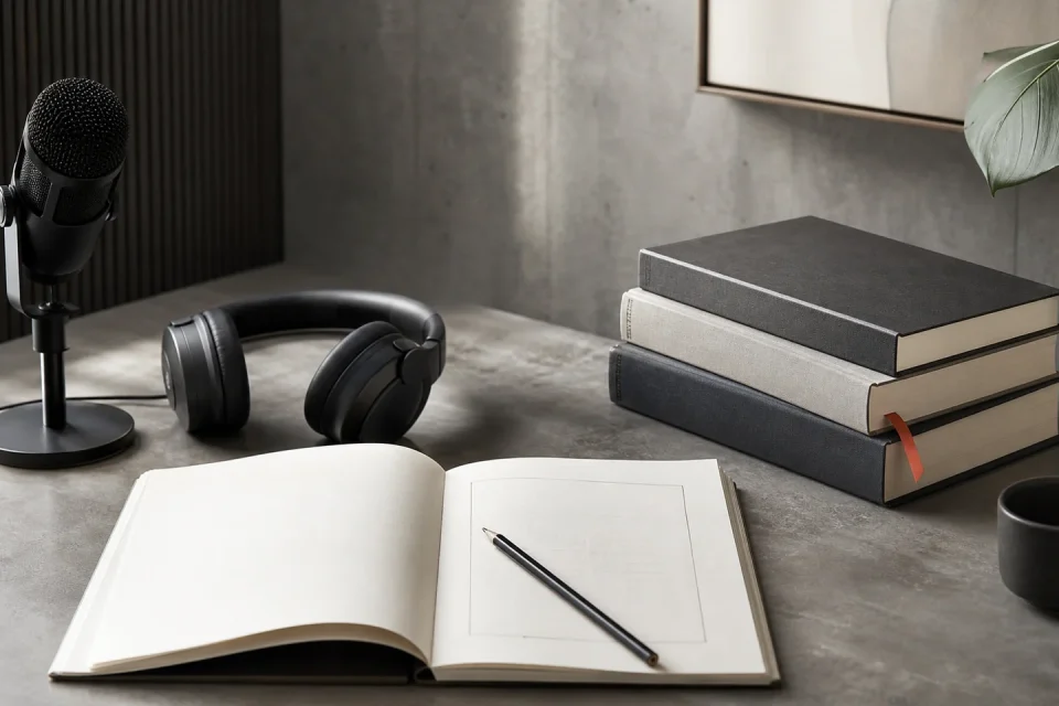 Auriculares junto a notas que conectan un pódcast con varios libros.