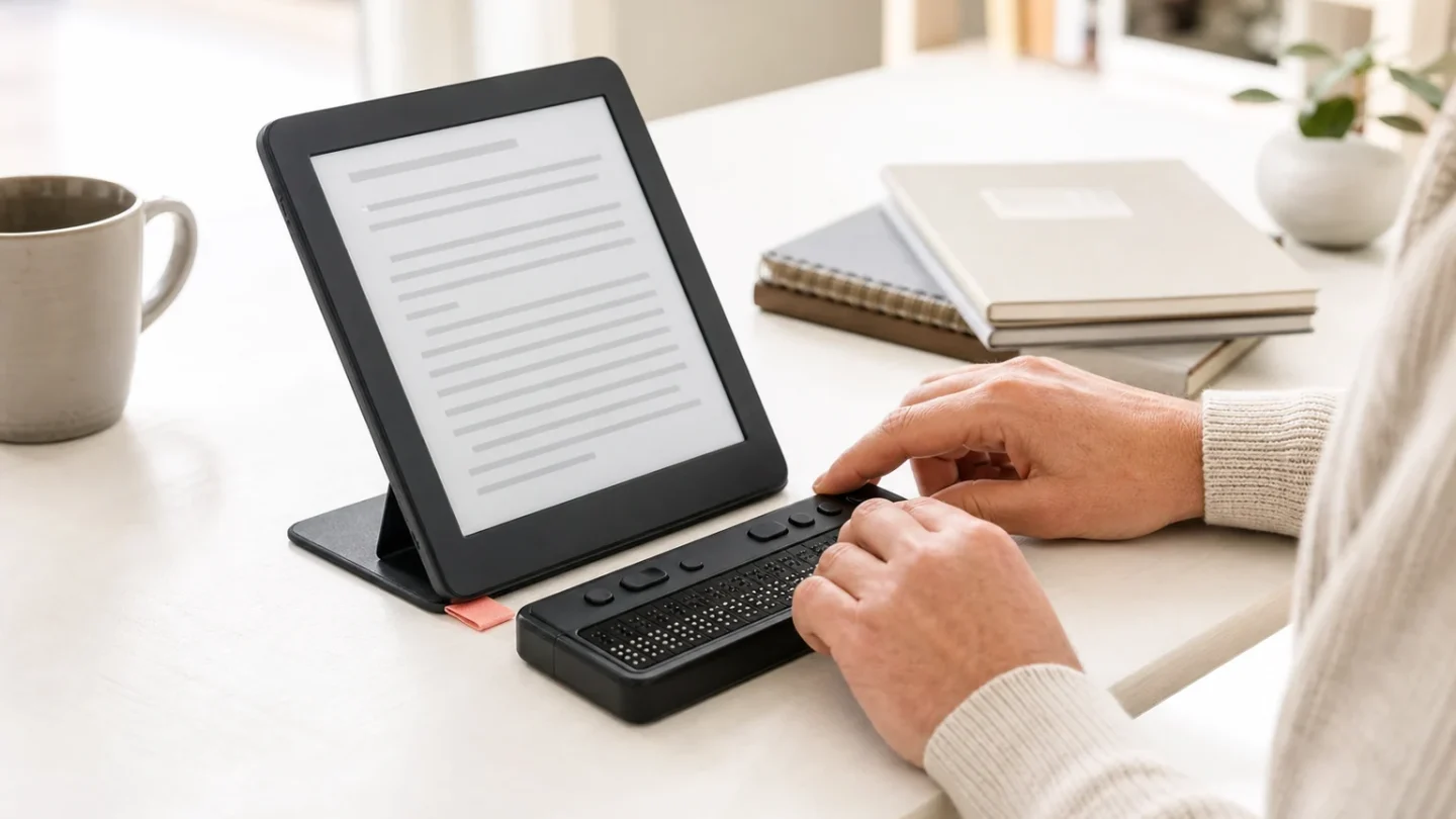 Un EPUB se prueba en una tableta junto a una línea braille y auriculares.
