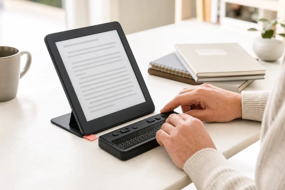 Un EPUB se prueba en una tableta junto a una línea braille y auriculares.