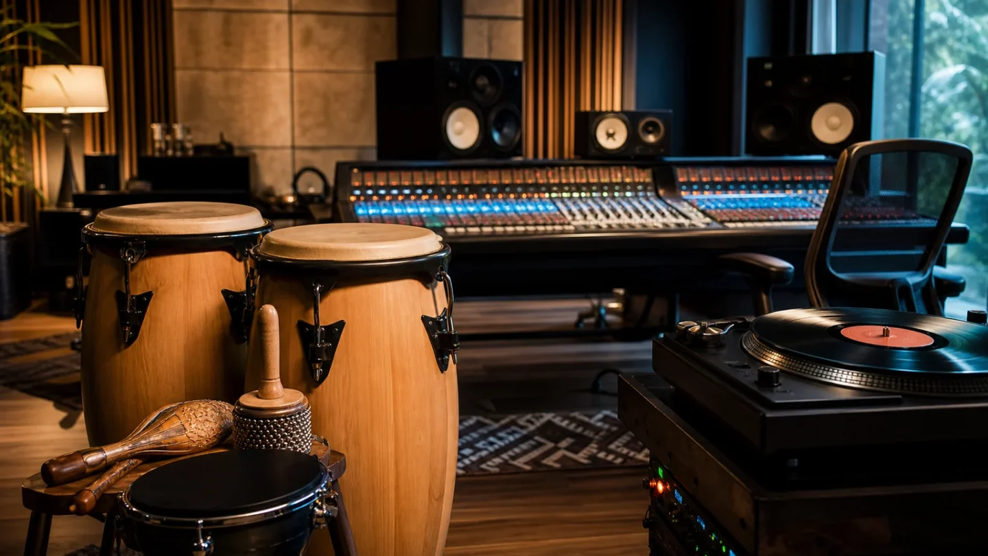 Instrumentos puertorriqueños, fotografías y una consola en un estudio de grabación