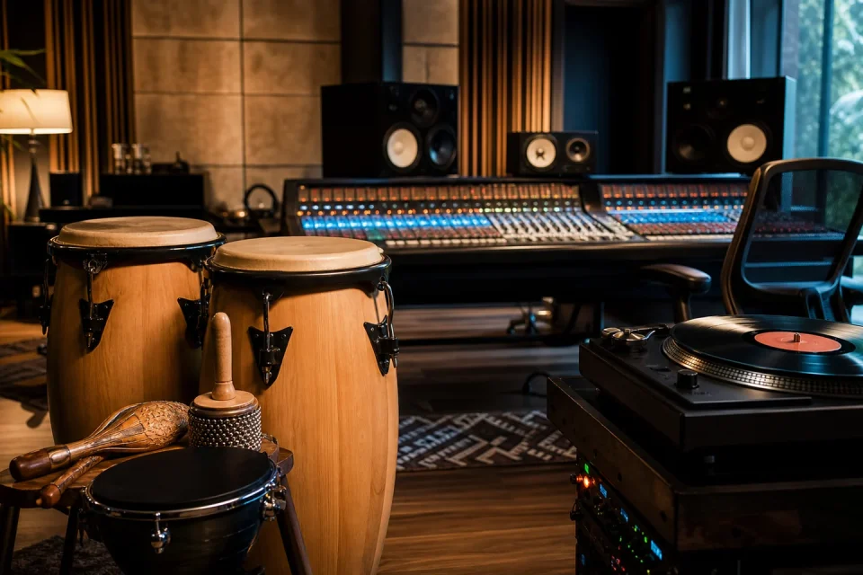 Instrumentos puertorriqueños, fotografías y una consola en un estudio de grabación