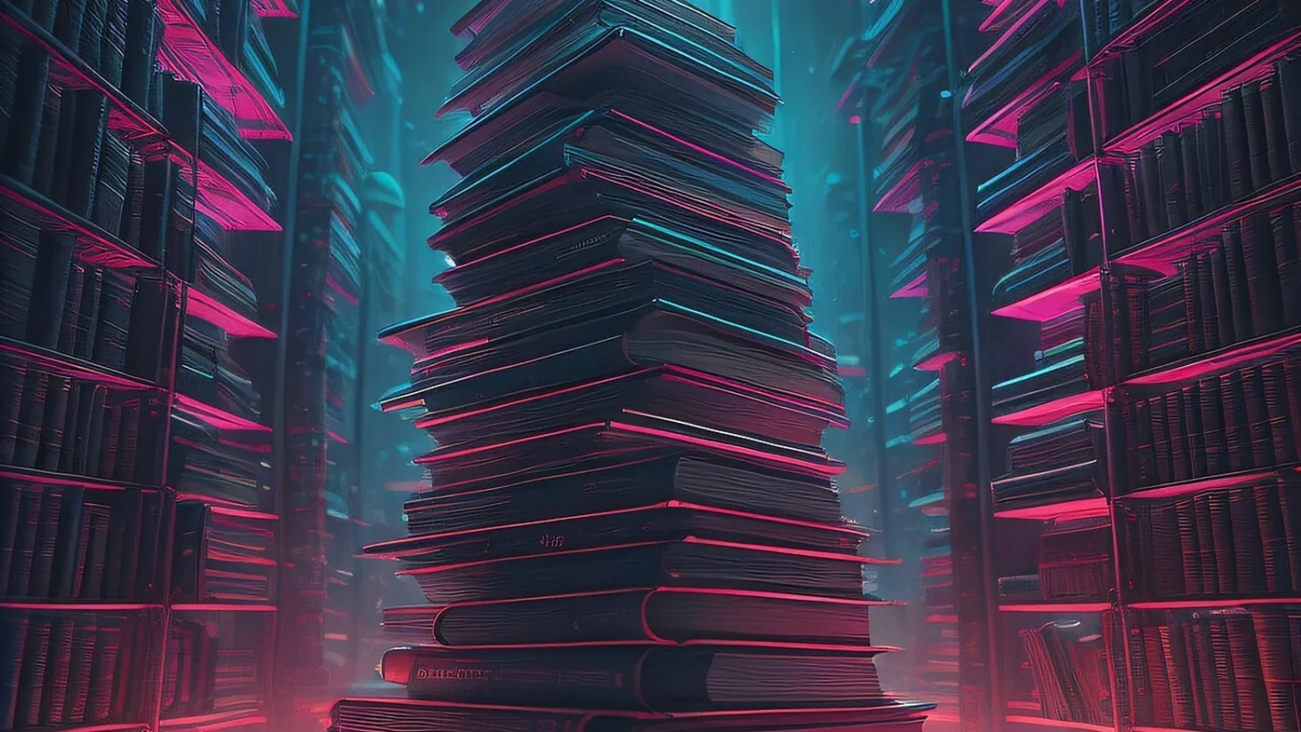 Libros y documentación técnica junto a una pantalla con un esquema de inteligencia artificial