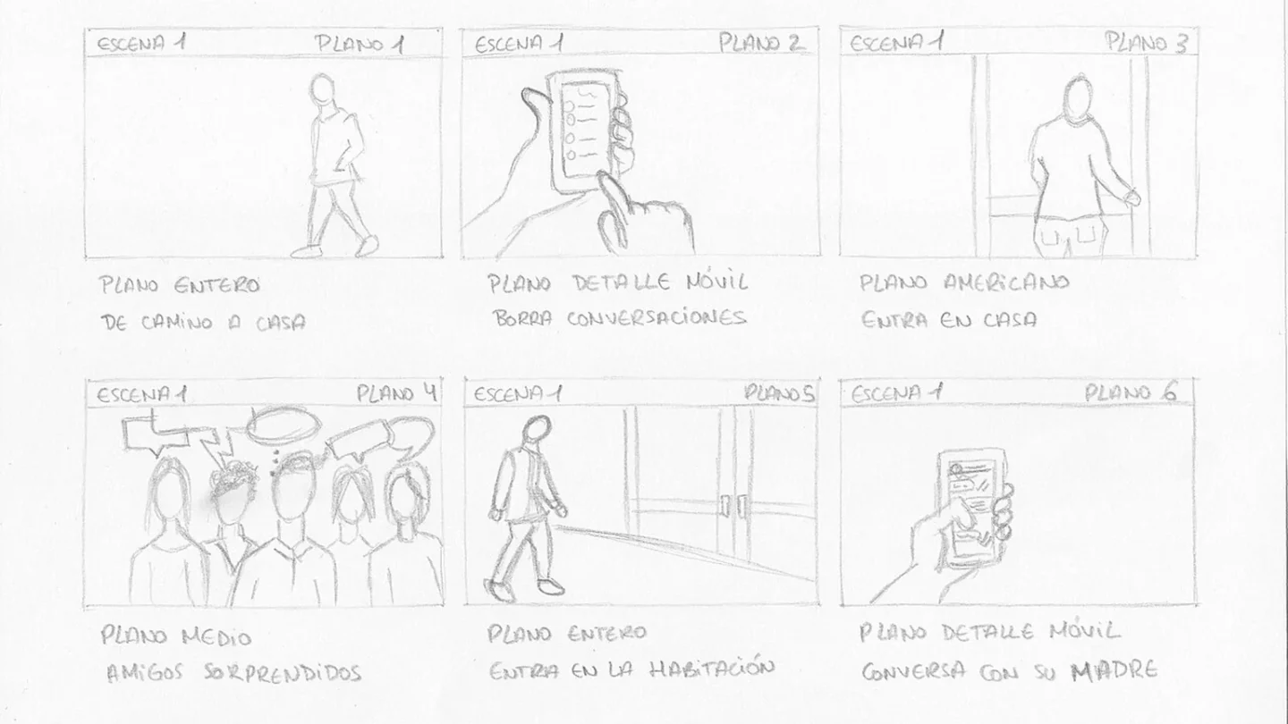 Seis viñetas de storyboard dibujadas a lápiz sobre una mesa.