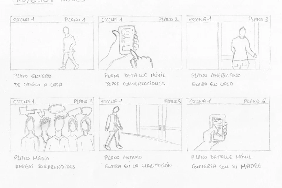 Seis viñetas de storyboard dibujadas a lápiz sobre una mesa.