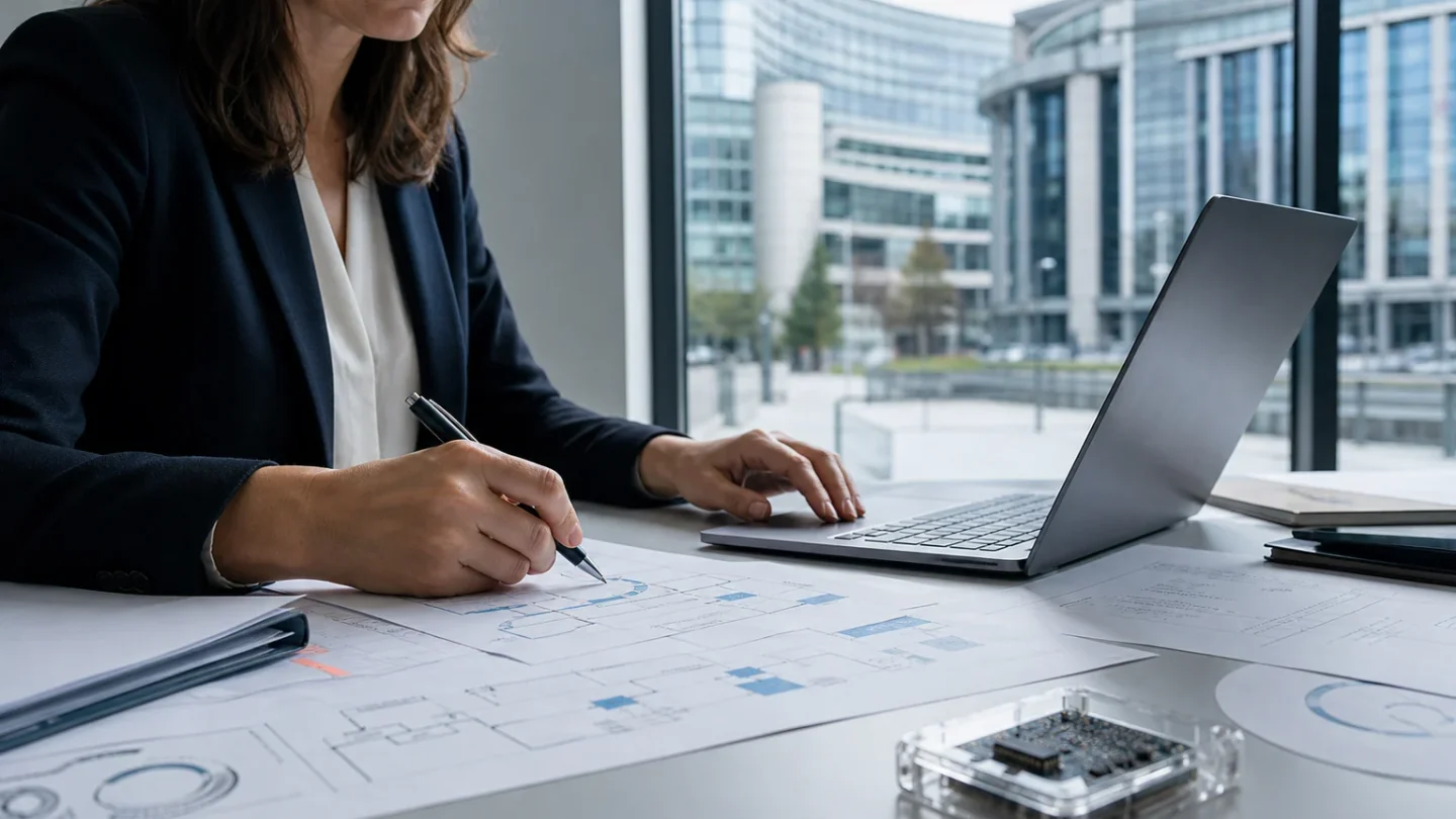 Documentos, libros y una pantalla con capas de inteligencia artificial sobre una mesa de trabajo