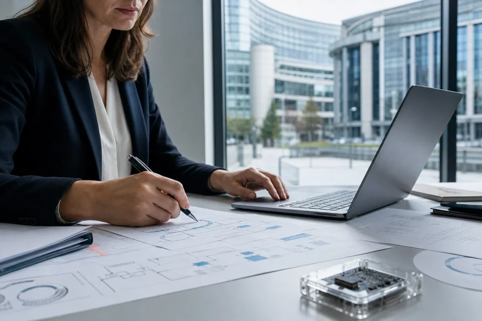 Documentos, libros y una pantalla con capas de inteligencia artificial sobre una mesa de trabajo