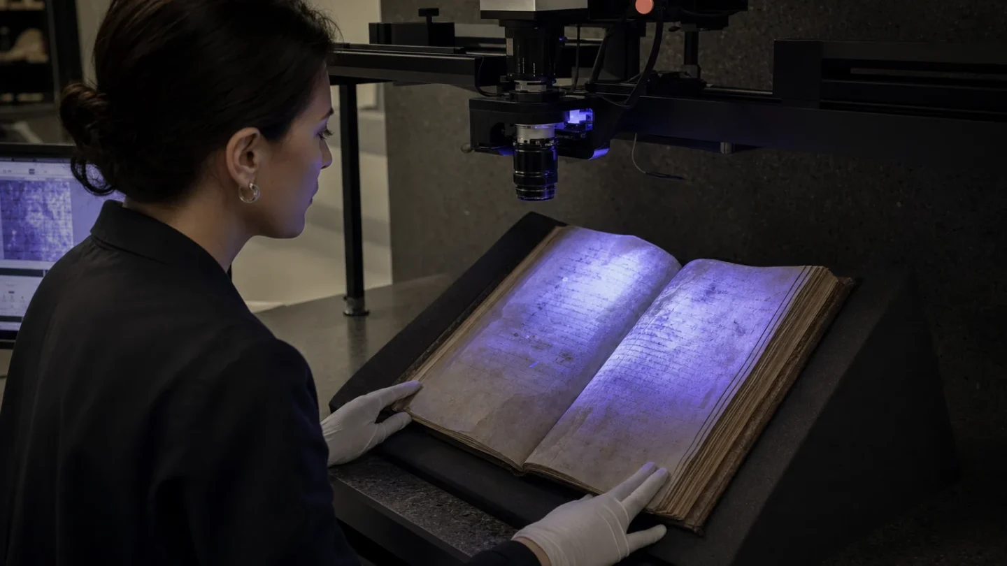 Un manuscrito medieval examinado con luz ultravioleta para revelar inscripciones borradas