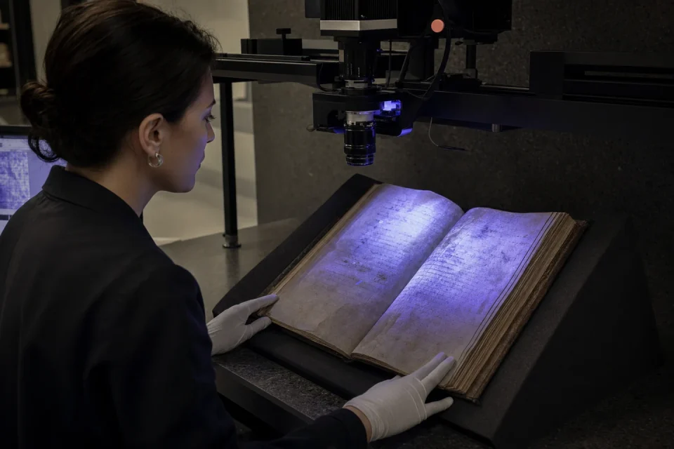 Un manuscrito medieval examinado con luz ultravioleta para revelar inscripciones borradas