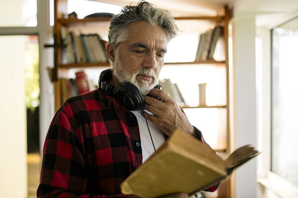 Libro, auriculares y una libreta preparada para comparar ambientes de lectura.