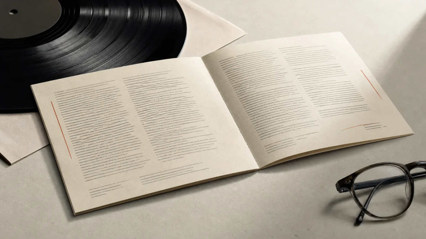 Vinilo y libreto de notas desplegado junto a unos auriculares.