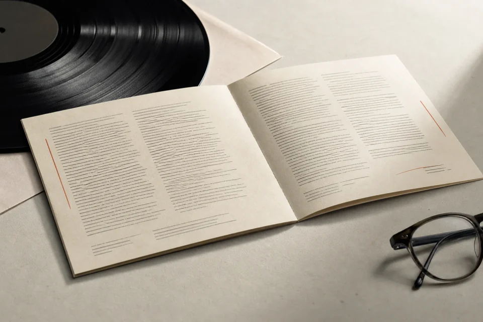 Vinilo y libreto de notas desplegado junto a unos auriculares.